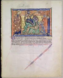 St. Johannes der Evangelist beobachtet, wie das Tier Feuer vom Himmel auf die Erde bringt, aus der Gulbenkian-Apokalypse, ca. 1265-70